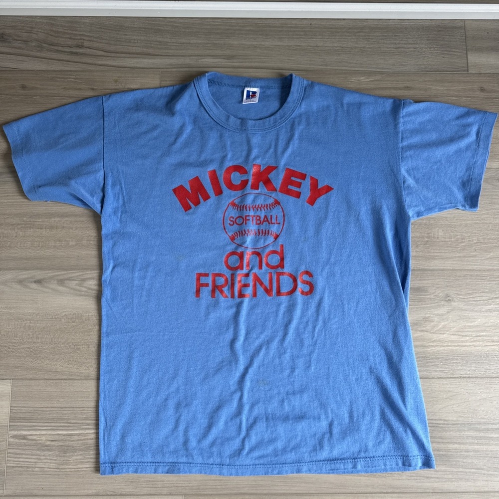 Vintage Russell Disney Mickey And Friends Softball Blue T-Shirt L‎ Made In USA